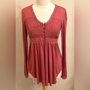 Maurices Dusty Rose Pink Smocked Crochet Pleated Long Sleeve Babydoll Top Size M